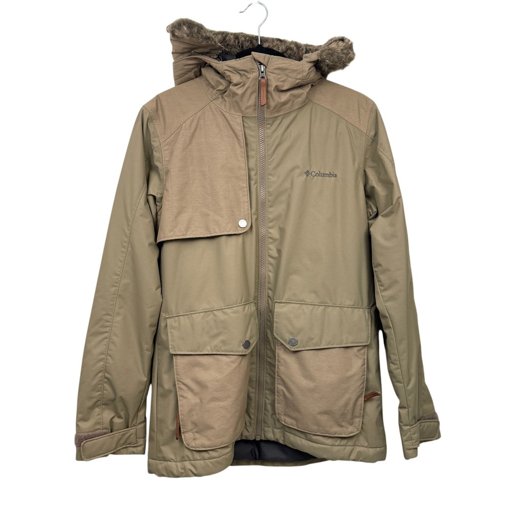 Columbia Omni-Tech Women's Tan Faux Fur Hooded Waterproof Ski Snow Jacket Size S